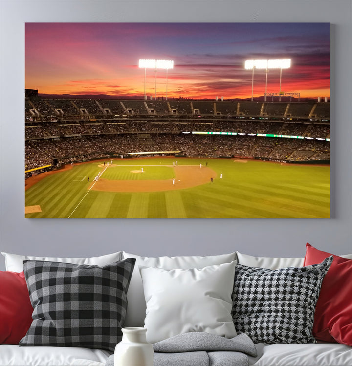 The Oakland Coliseum print is a museum-quality canvas depicting a full crowd and a sunset.