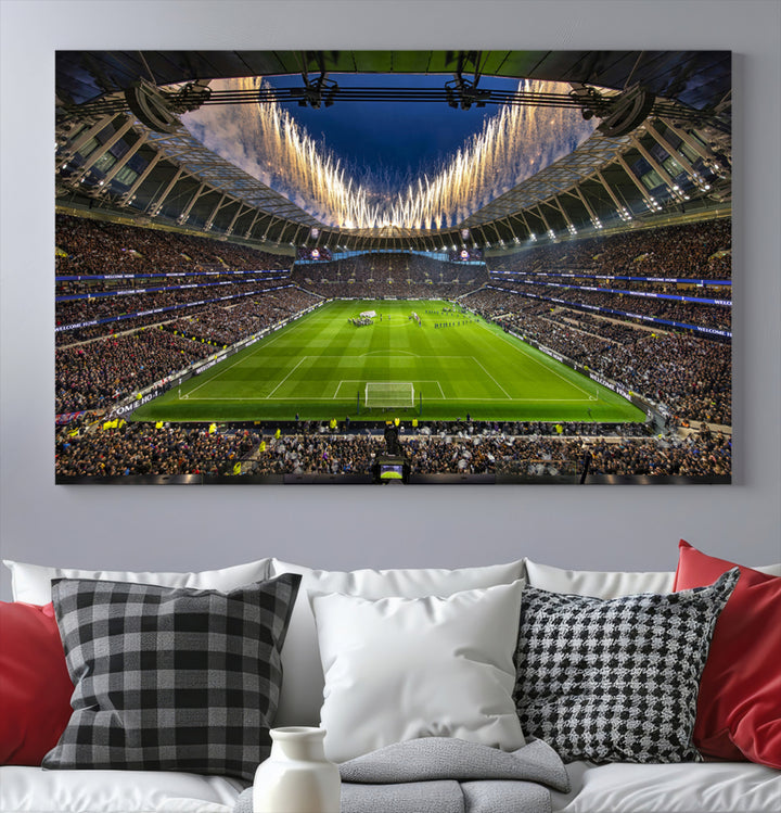 A stunning Tottenham Hotspur Stadium wall art captures the energy of a stadium packed with fans and vibrant lights.