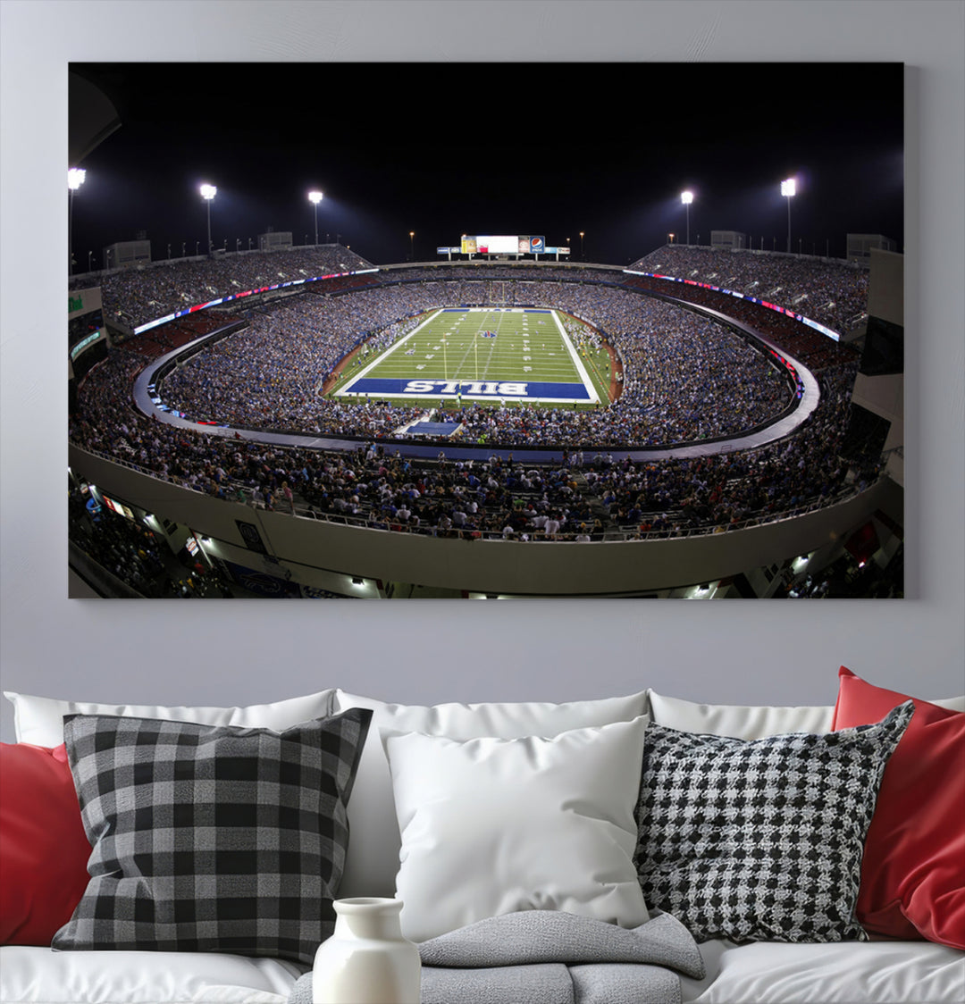 The Buffalo Bills NFL Highmark Stadium at night print captures the bright lights, conveying an exhilarating atmosphere.