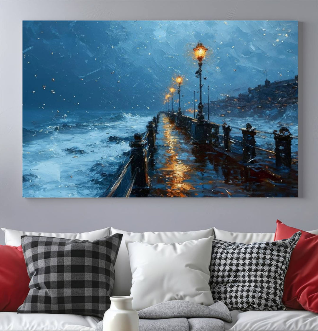 Framed 3-Panel Seaside Night Pier Oil Painting Canvas Wall Art | Ready to Hang Coastal Landscape Art for Modern Living Room, Office, or Bedroom Decor