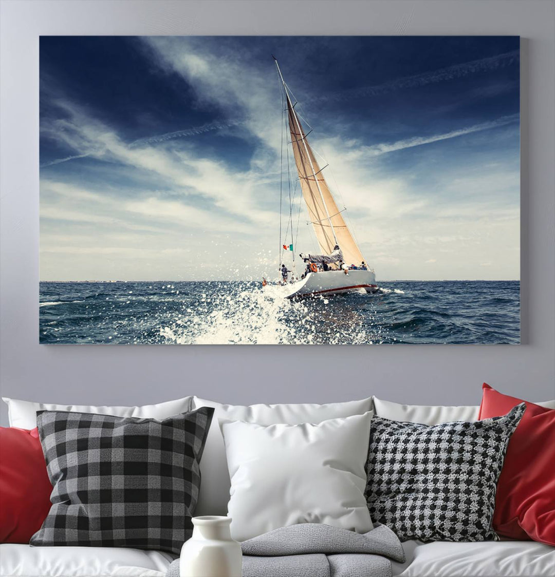 Sailboat Ocean Beach Blue Sky Wall Art Canvas Print