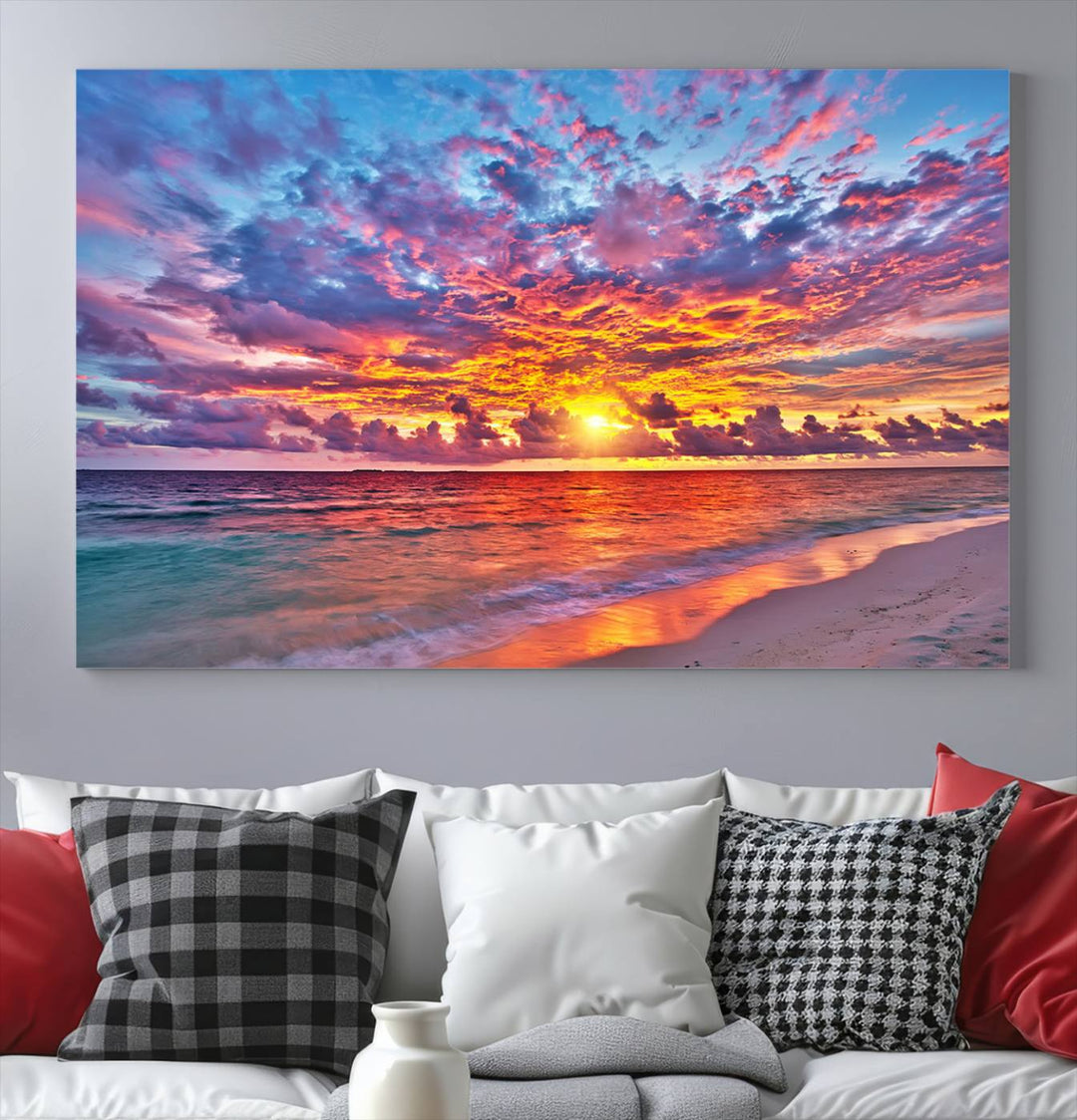 Vibrant Sunset Beach Wall Art | Ocean Sunset Canvas Print | Coastal Wall Art Decor | Ready to Hang | Stunning Sunset Scene for Home or Office Decor