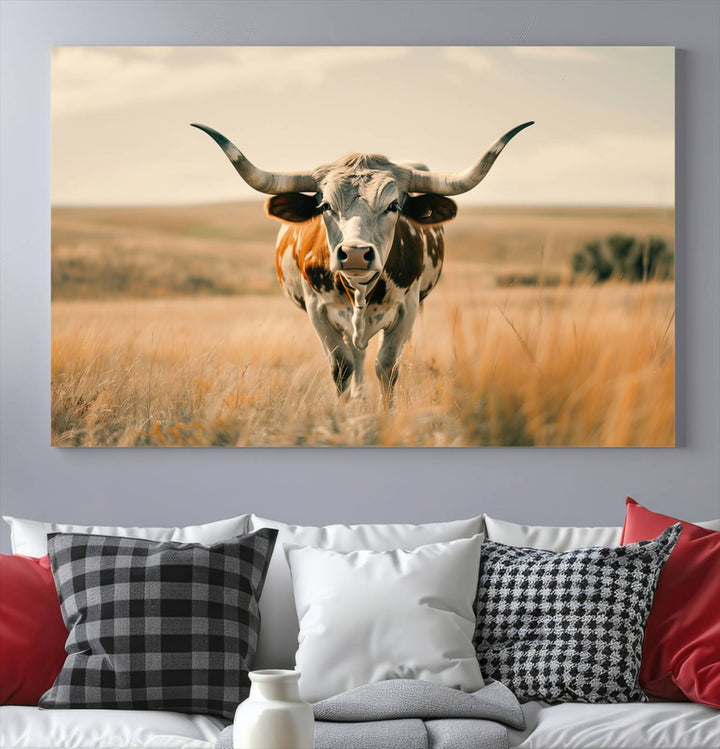 The Texas Cow Longhorn Wall Art Canvas adds rustic charm to the decor.