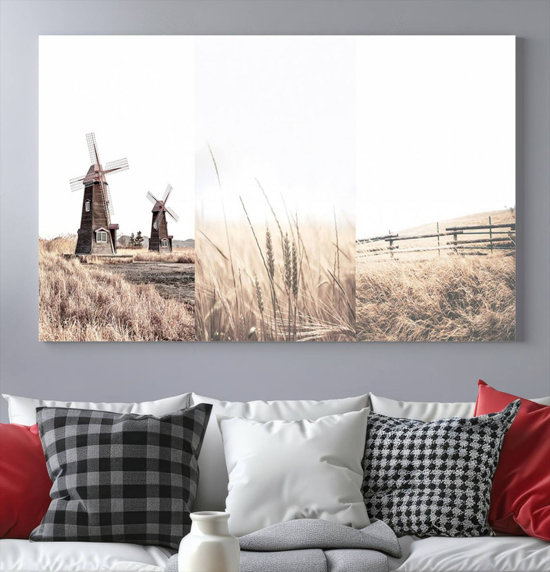 Farmhouse wall art set: 3 giclee canvas prints featuring windmills and wheat fields.