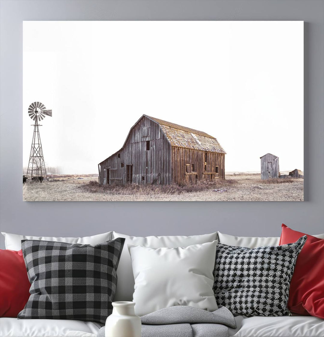 The Set of 3 Rustic Farmhouse Wall Art Prints features a barn, wheat field, and landscape.