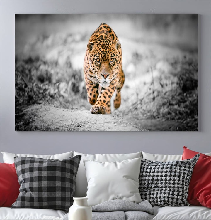 A striking three-panel "Jaguar Stalking Wall Art Canvas Print - Majestic Big Cat in Focused Pursuit" features a leopard walking forward, set against a black and white background.