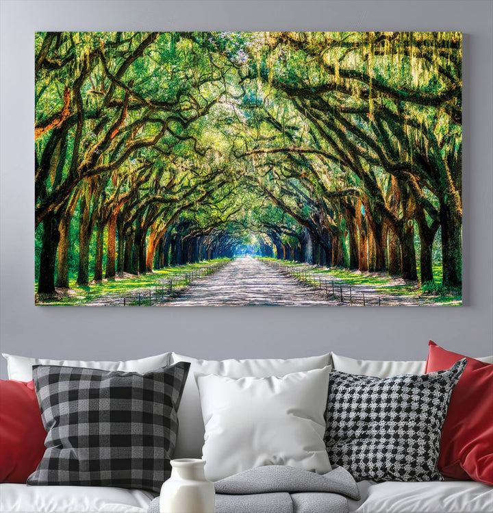 Serene Tree Tunnel Wall Art Canvas Print – Pathway Under Canopy of Lush Green Trees, Nature-Inspired Decor for Living Room – Ready to Hang