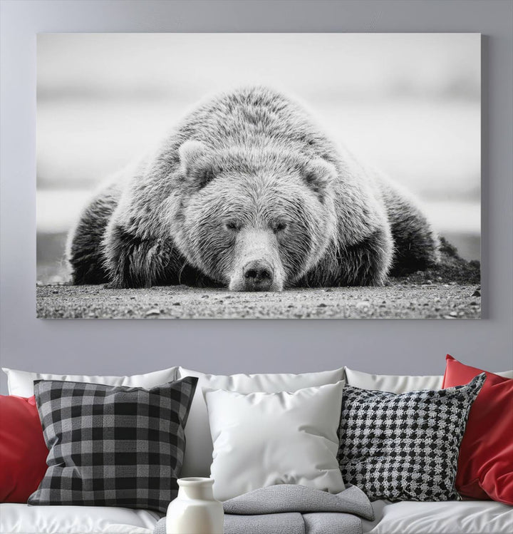 Resting Bear Wall Art Canvas Print – Majestic Lazy Black and White Wildlife Bear Art, Perfect for Nature-Inspired Home Decor – Ready to Hang