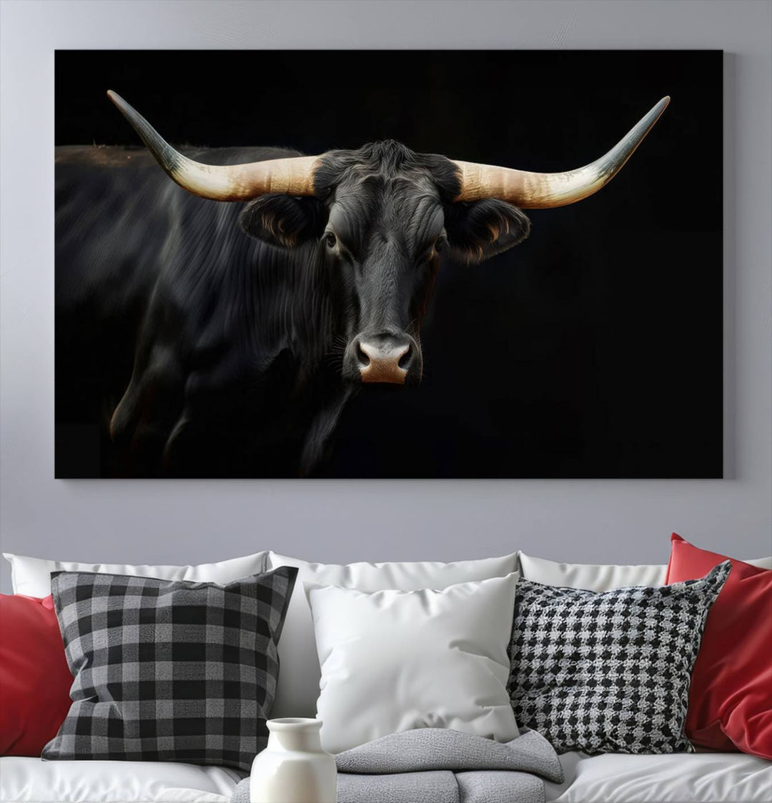 Texas Longhorn Cow | Majestic Black Bull Wall Art Canvas Print - Farmhouse Animal Decor - Ready to Hang