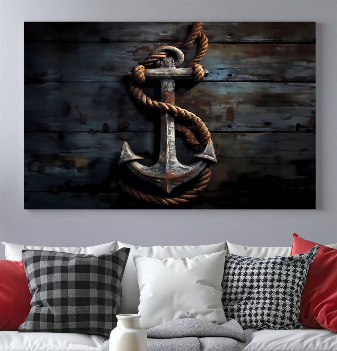 The wooden wall displays a 3 Panel Grunge Abstract Anchor Wall Art Canvas Print Set.