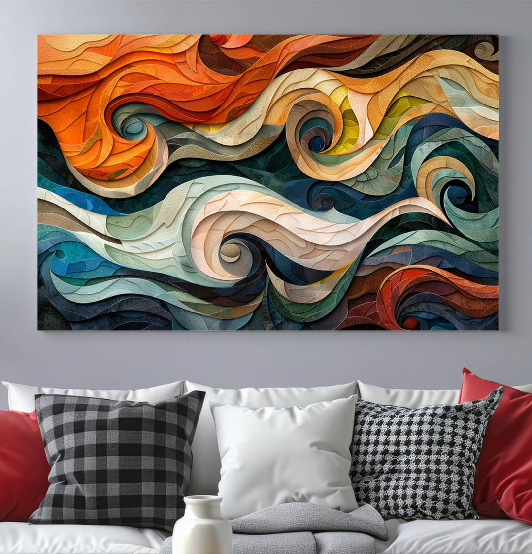 Abstract Wave Wall Art is a ready-to-hang framed canvas print featuring swirling orange, blue, and white patterns. It's perfect for adding vibrant decor to modern spaces.