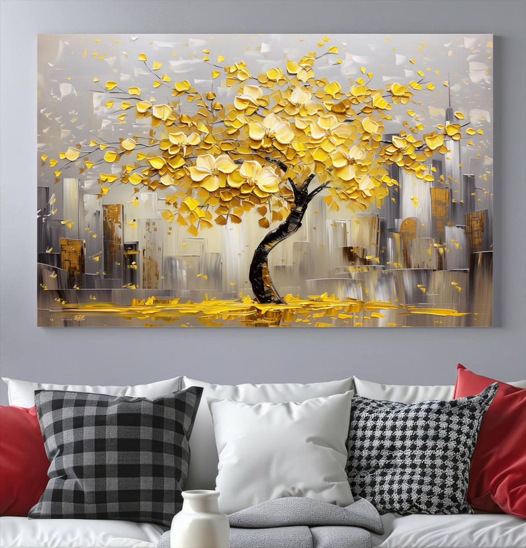 A framed canvas print from the "Golden Tree Canvas Print | Abstract Wall Art for Modern Homes | Ready to Hang Framed Artwork" collection hangs elegantly against the dark wall, epitomizing exquisite abstract wall art.