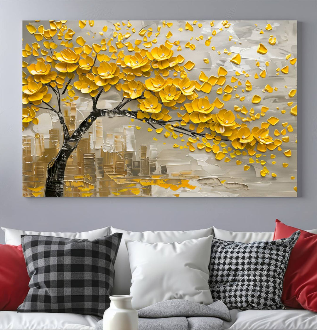 The living room showcases a Yellow Blossom Tree Canvas Wall Art, modern and floral.