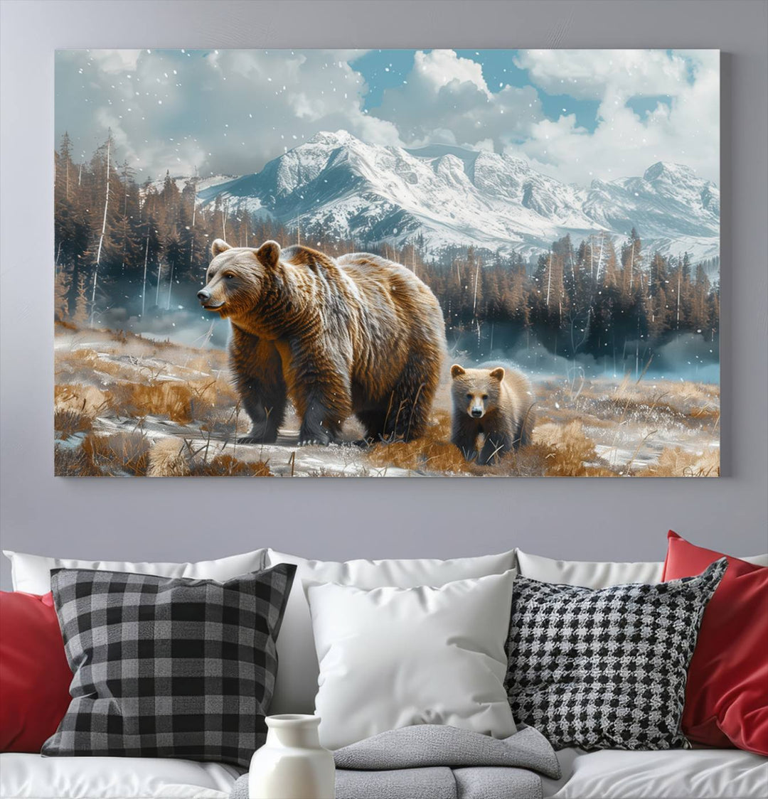 The modern living room features a Bear and Baby Bear Wall Art Canvas Print depicting a snowy mountain landscape, making it a stunning visual piece and a meaningful gift idea.