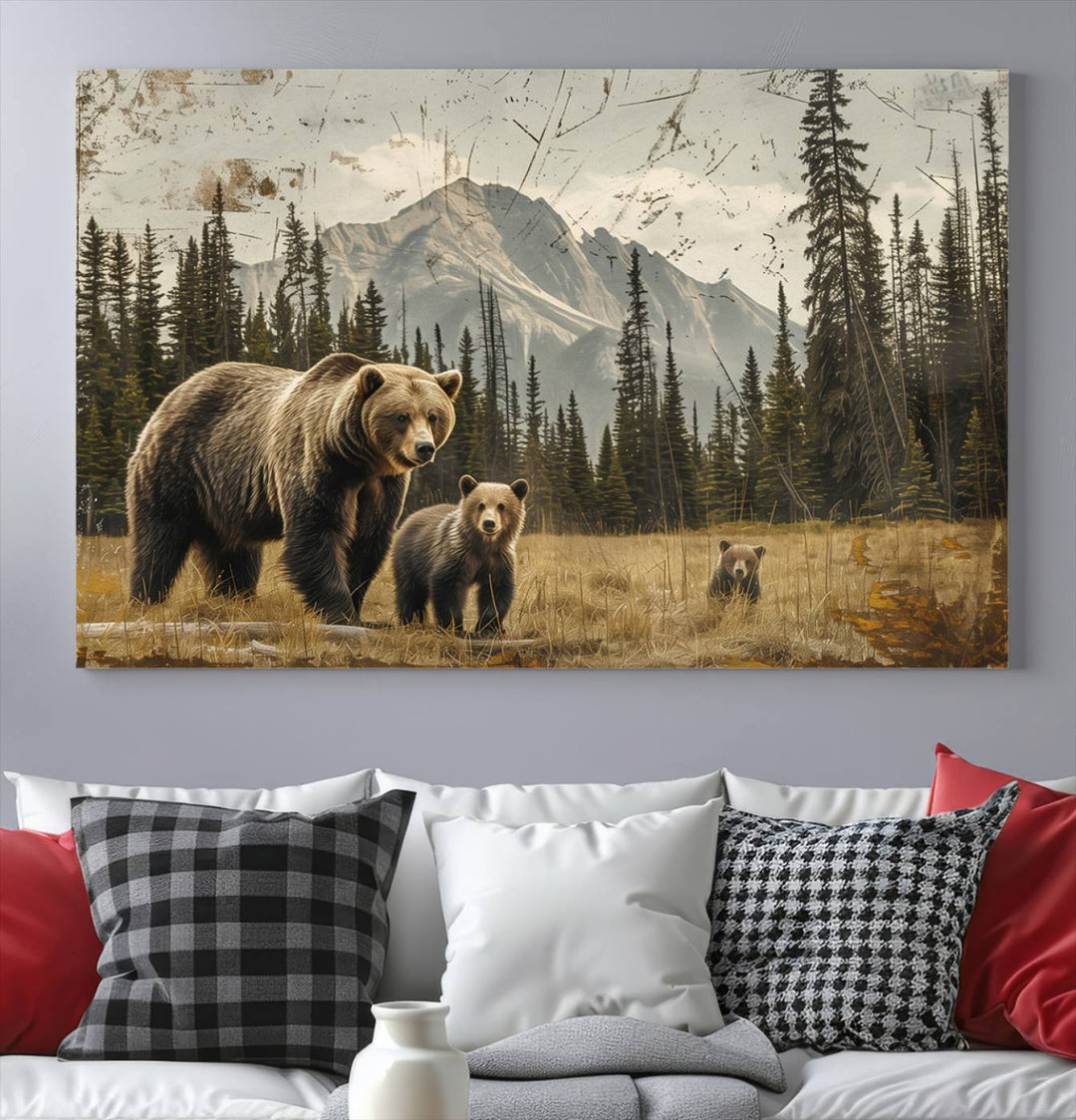 Displaying the Rustic Grizzly 399 Bear Family Wall Art Canvas Print in a modern living space adds remarkable charm. This triptych piece showcases a bear family in the forest, printed on museum-quality canvas and ready to hang, seamlessly enhancing your decor with its striking detail and elegance.