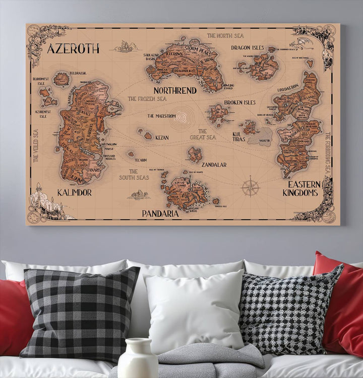 The Vintage Azeroth World Map Canvas Print, a stunning three-piece set, enhances the space with its vintage charm, perfectly complementing your gaming decor.