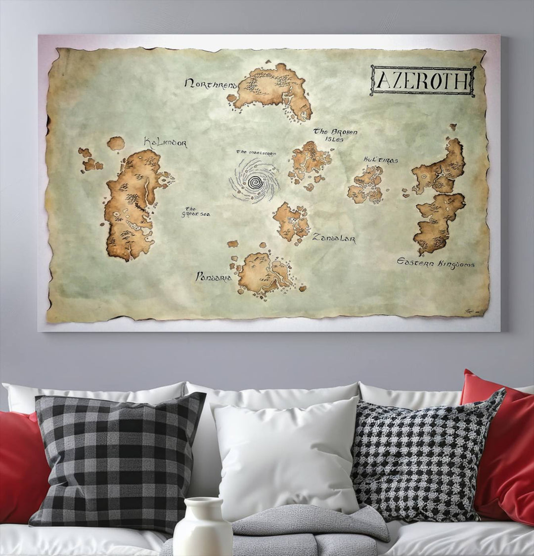 The Azeroth World Map Wall Art Canvas Print, a three-panel vintage piece, brings a cozy fantasy gaming atmosphere to the room.