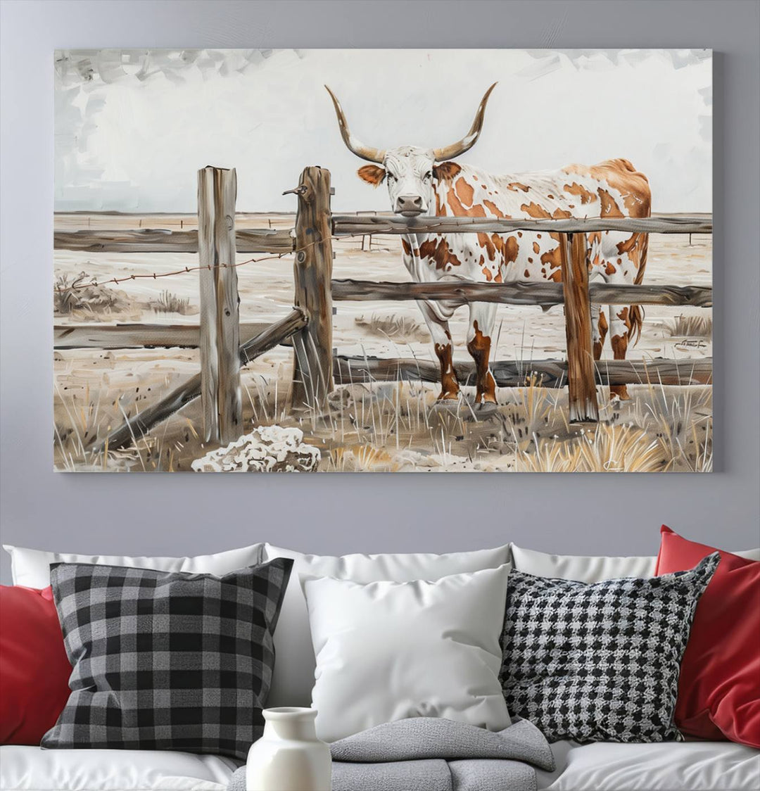 The Abstract Longhorn Cow Wall Art, a ready-to-hang framed canvas print, adds rustic charm and perfectly captures the essence of rural elegance.