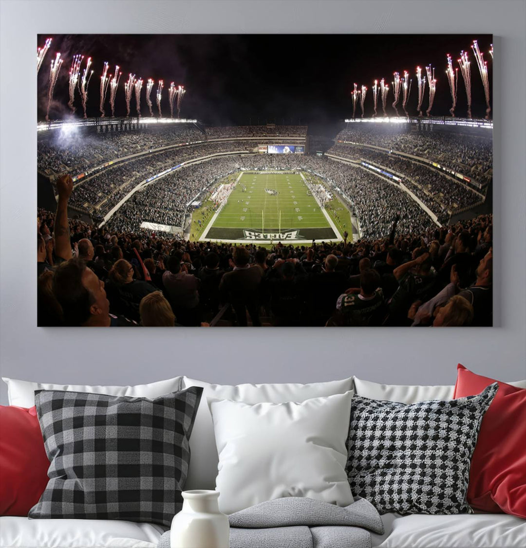 The living room features a spectacular Philadelphia Eagles Football Team Print. This wall art canvas print of Lincoln Financial Field at night captures a Philadelphia Eagles game under the dazzling brilliance of fireworks, making it an eye-catching centerpiece.