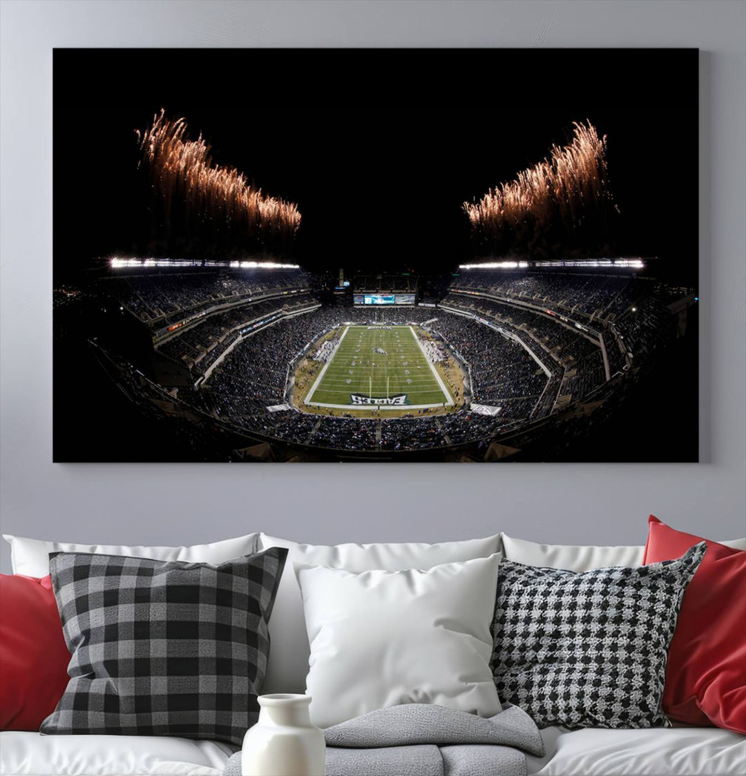 A stunning triptych wall art featuring the Philadelphia Eagles Football Team Print, capturing Lincoln Financial Field with spectacular fireworks.