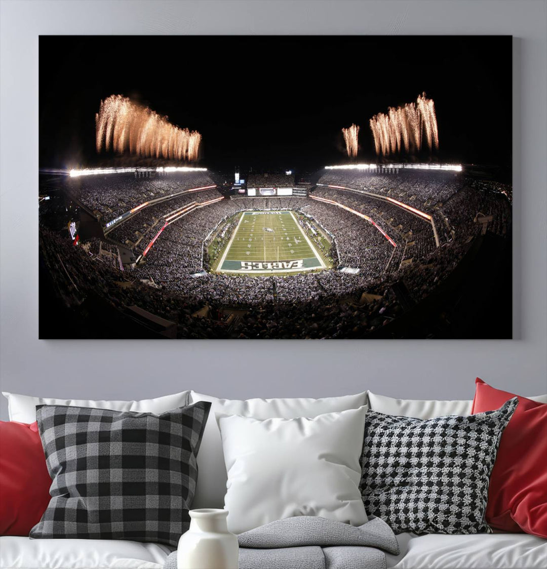 Experience the breathtaking Lincoln Financial Field Fireworks Game captured in this triple canvas wall art. A must-have for any Philadelphia Eagles fan!