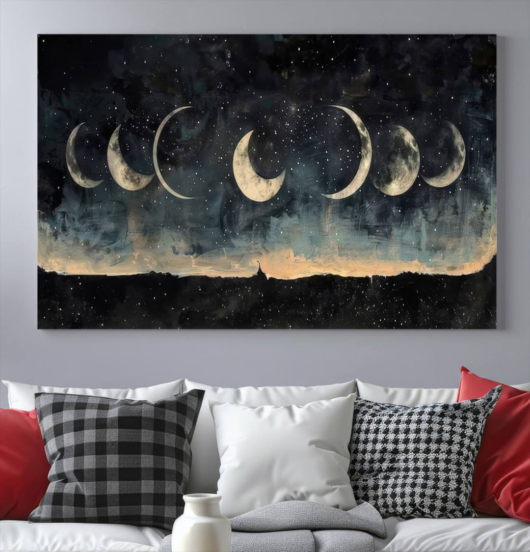 The "Phases of the Moon Wall Art," a framed canvas series capturing the celestial beauty of lunar cycles against a starry night, adds an elegant touch to the contemporary dining room.