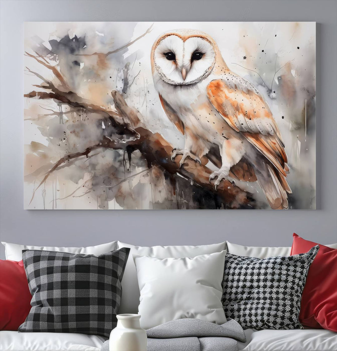 The Barn Owl Wall Art, a watercolor canvas print, elegantly adorns the wall in a modern living room, seamlessly merging farmhouse wall decor with contemporary style.