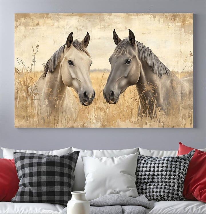 The "Chinese Ink Style Grunge Horses Wall Art Canvas Print," featuring two horses in a field, hangs prominently, highlighting its museum-quality canvas and high-resolution printing.