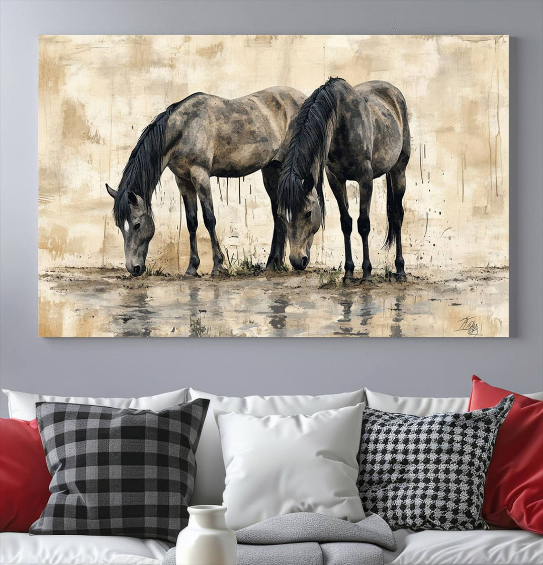 Chines Ink Style Black Horses Wall Art Canvas Print features a triptych painting of two horses drinking at the water's edge.