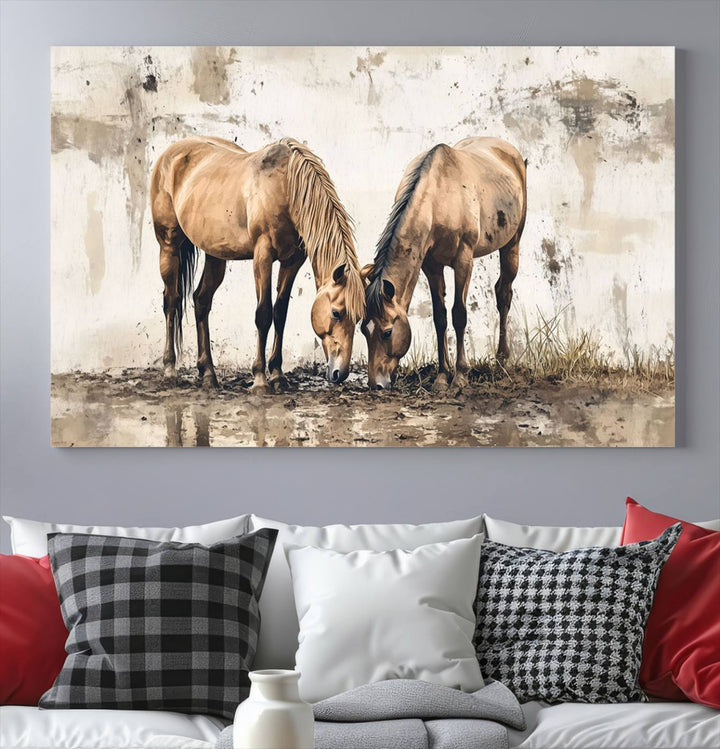 The Vintage Horses Wall Art, a ready-to-hang and framed triptych, beautifully captures two horses gracefully grazing. It perfectly complements the rustic charm of western farmhouse wall decor.