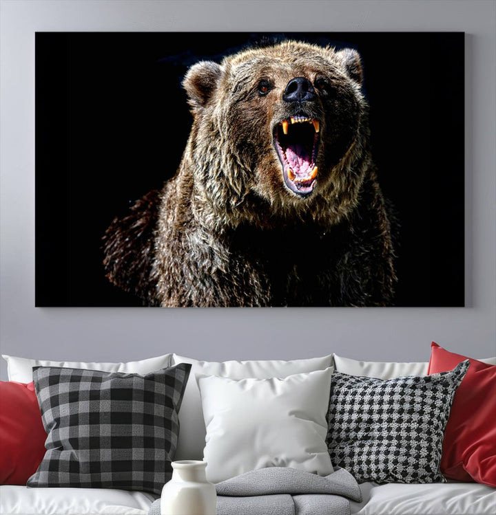 The Grizzly Bear Canvas Print, featuring wildlife wall art on a black background, is ready to hang and is perfect for rustic cabin decor.