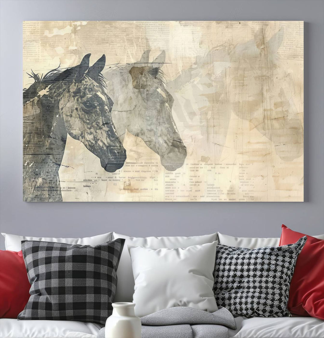 The Abstract Horse Canvas Print, part of the Modern Farmhouse Wall Art collection and ready to hang with its framed design, enhances the decor when displayed as a three-panel set on a dark wall.