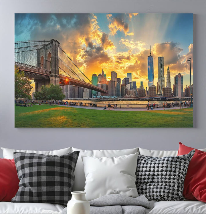 The "Brooklyn Bridge New York Skyline Wall Art" is a ready-to-hang framed canvas print that beautifully captures the cityscape at sunset, showcasing the iconic Brooklyn Bridge and majestic skyscrapers.