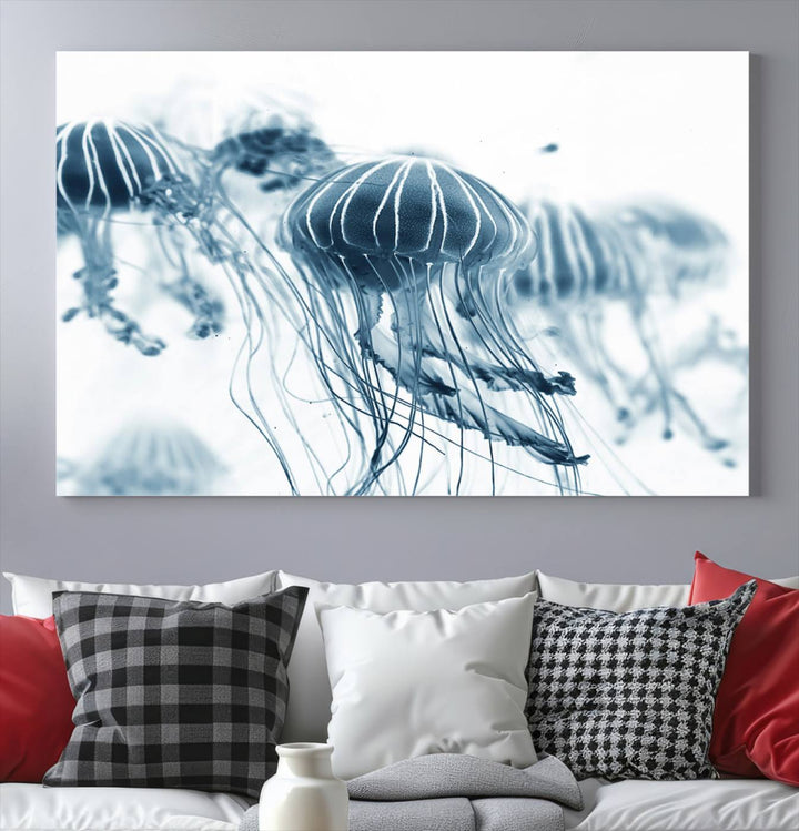 The Abstract Jellyfish Wall Art Canvas Print, a three-panel piece featuring high-resolution printing, hangs elegantly in the room, adding vibrant detail to the space.