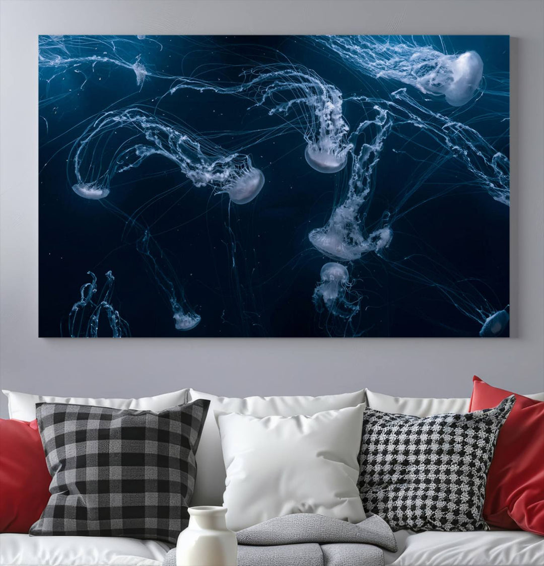 Room with modern decor, featuring the Abstract Jellyfish in Ocean Wall Art Canvas Print on museum-quality canvas.