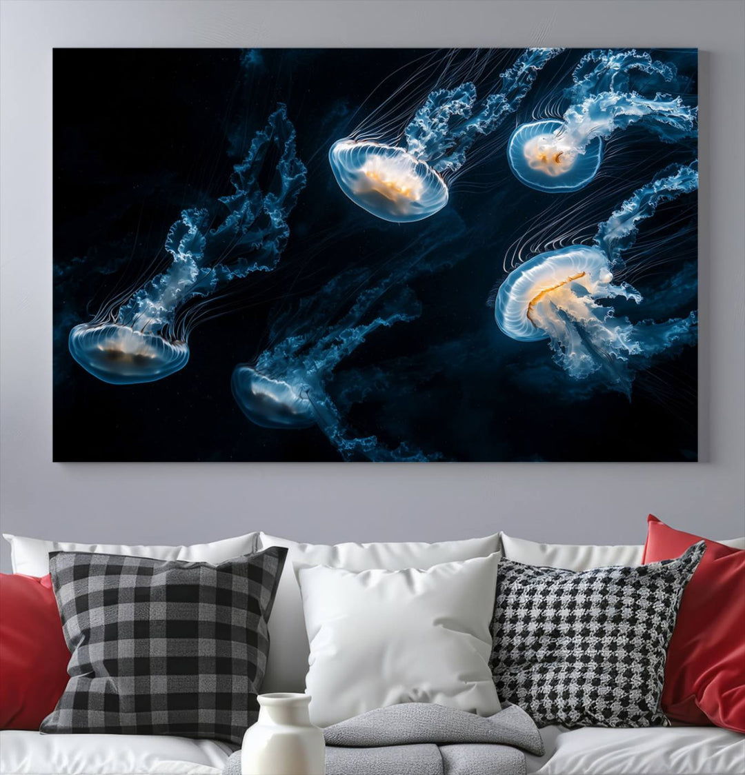 The "Jellyfish Wall Art Canvas Print," featuring a sea-themed design of glowing jellyfish, is displayed in high-resolution on museum-quality canvas.