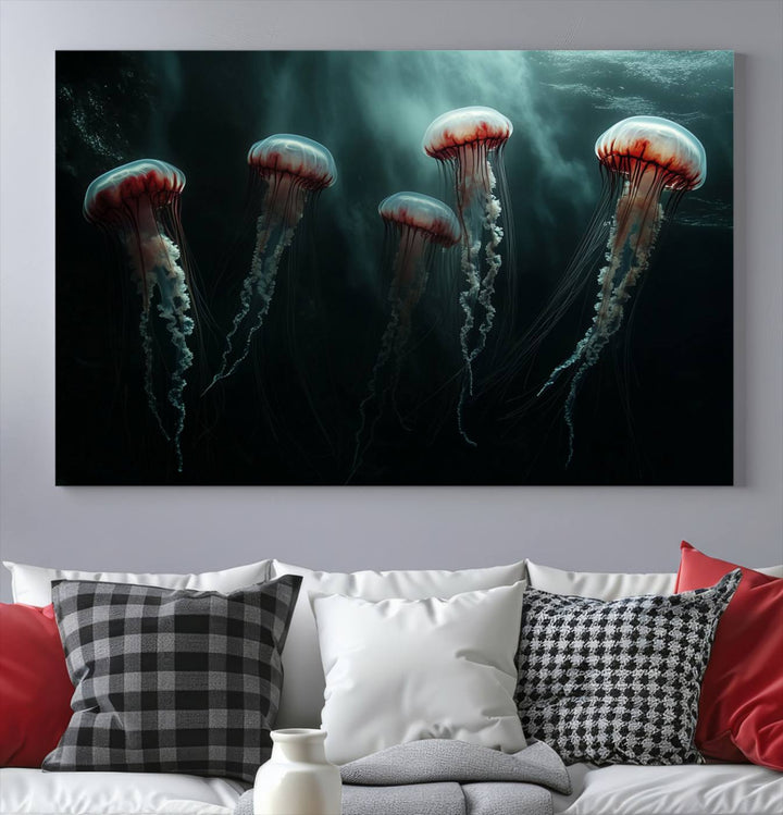 The Abstract Jellyfish Wall Art Canvas Print, framed in the USA and showcased on museum-quality canvas with high-resolution printing, adds a decorative touch to the space.