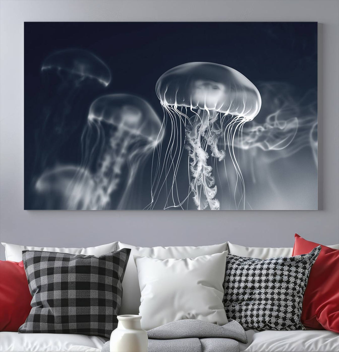 A stunning Jellyfish Wall Art Canvas Print showcases museum-quality canvas through high-resolution printing.