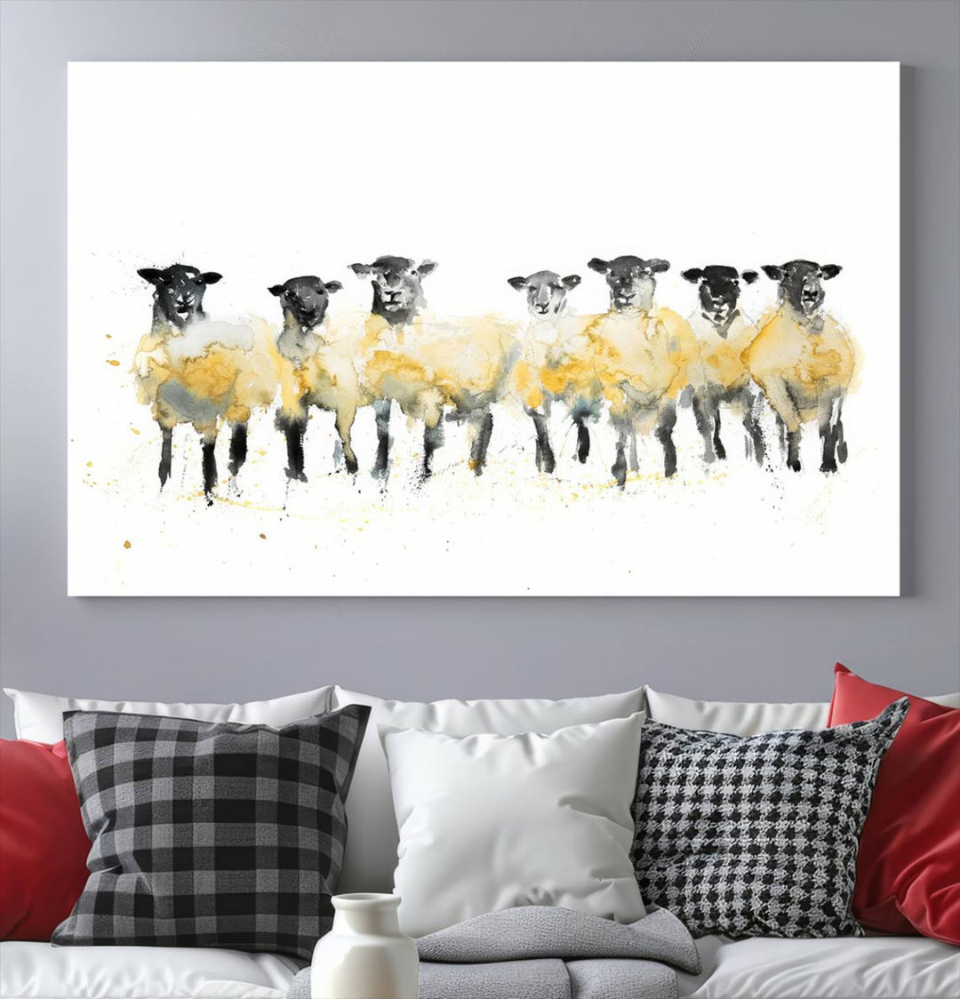 The Farmhouse Wall Art Sheep Print, ready to hang as a framed canvas, adorns the black wall, adding a hint of rustic barn decor.