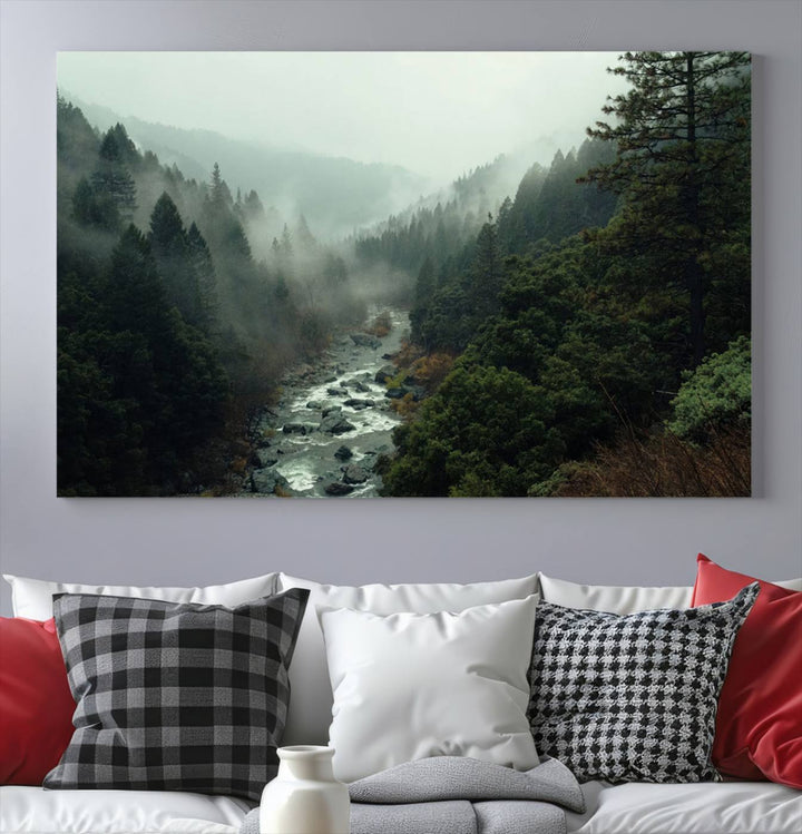 Misty Forest Wall Art | Ready to Hang and Framed | Tranquil Nature Landscape for Living Room or Cabin Wall Decor