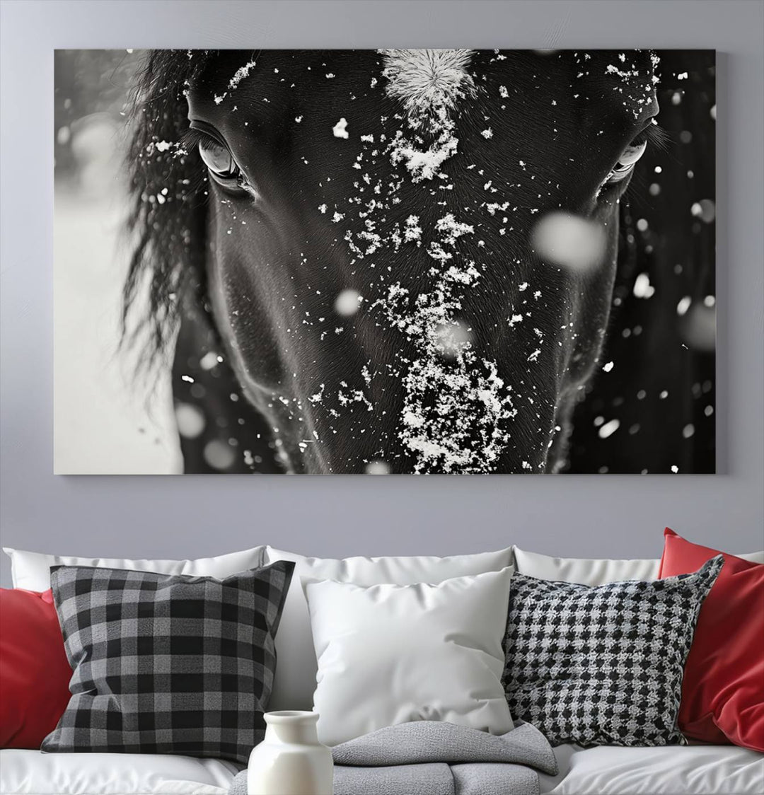 The Winter Horse Snow Wall Art Canvas Print, a black and white triptych showcasing a snow-covered horse's face, infuses the space with rustic cabin decor.