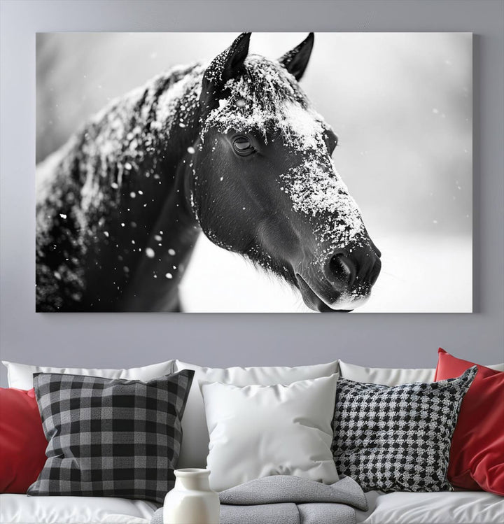 A set of Winter Horse Snow Wall Art Canvas Prints hangs, creating the perfect touch of Rustic Cabin Decor.