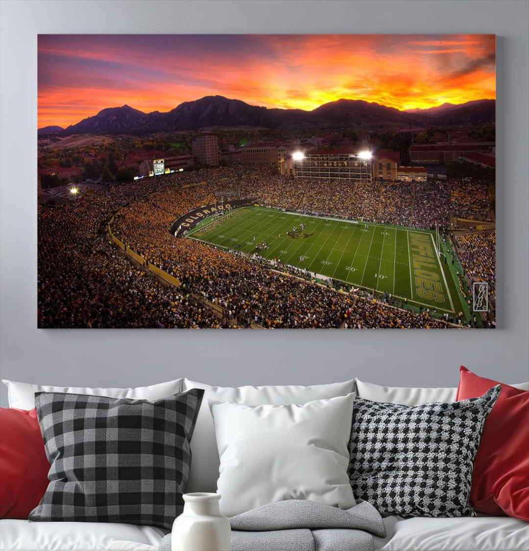 The living room showcases a lively wall art canvas print titled "Folsom Field - University of Colorado Buffaloes Football Stadium," capturing the essence of the University of Colorado.