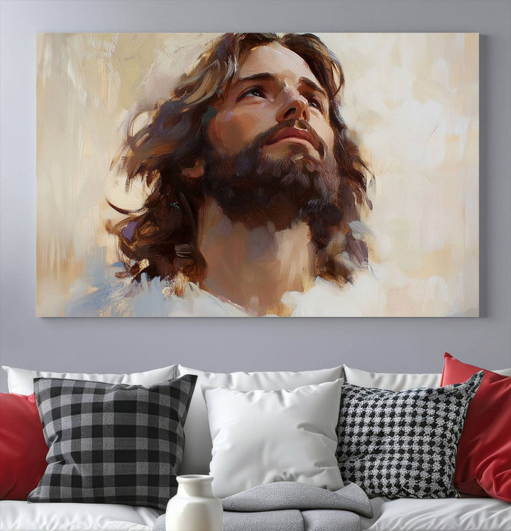 The "Jesus Christ Portrait Wall Art," a ready-to-hang and framed canvas print, features a bearded man with long hair looking upward, creating an inspirational spiritual atmosphere.