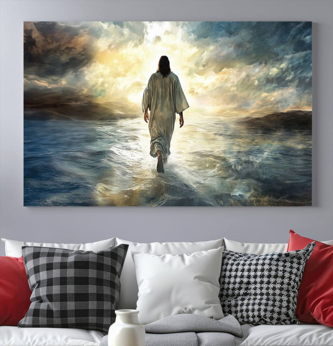 The Jesus Walking on Water Wall Art, a captivating triptych canvas print, showcases a person walking on water beneath dramatic clouds. This ready-to-hang piece seamlessly combines faith and style for your Christian home decor.