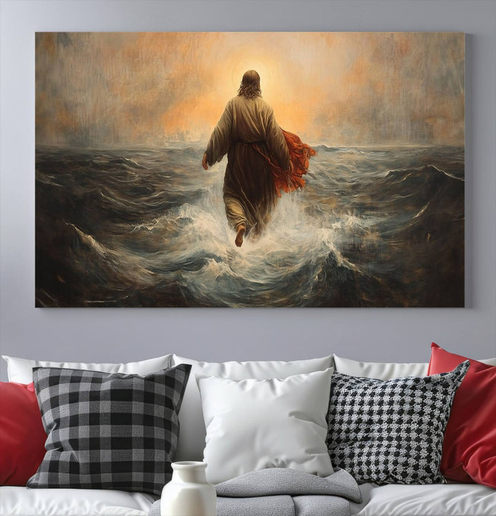 A modern living room is adorned with a triptych titled "Jesus Walking on Water, Christian Wall Art, Jesus Christ Walking on Oil Painting Style Print." The artwork, presented on museum-quality canvas, showcases vibrant colors and exquisite detail.