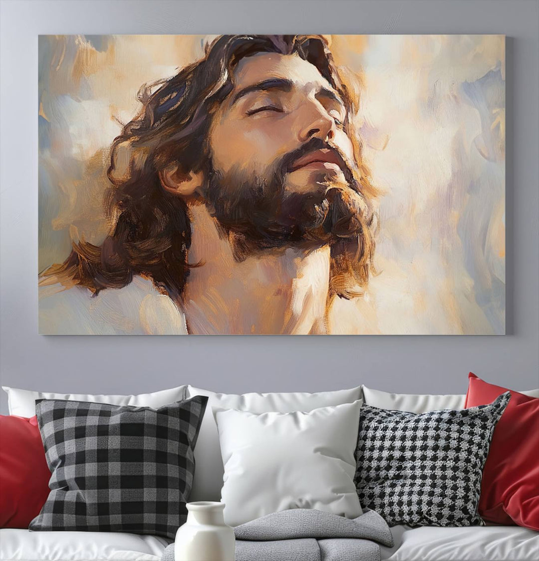 This museum-quality canvas print, titled "Jesus Portrait," features an oil painting style depiction of Jesus Christ with a closed-eyed expression. The high-resolution printing captures every detail beautifully.