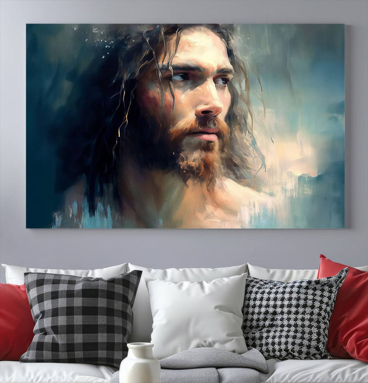 The Jesus Portrait Wall Art Canvas Print, featuring a depiction of a man with long hair and a beard, is showcased on a wooden wall. This Christian Wall Art is rendered on museum-quality canvas, highlighting the mastery of high-resolution printing in an oil painting style.