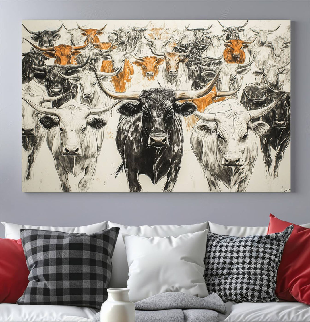 This exquisite farmhouse wall art, titled "Western Longhorn Cattle Canvas Print," showcases a majestic herd of longhorn cattle in a three-panel design. This ready-to-hang and framed barn decor infuses your space with rustic charm.