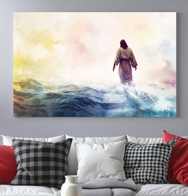 Watercolor Jesus Walking on Water Canvas Print, Christian Wall Art, Jesus Christ Walking